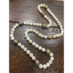 Vintage MOP Mother of Pearl Cloisonné Beads Knotted Necklace 32”L 101g